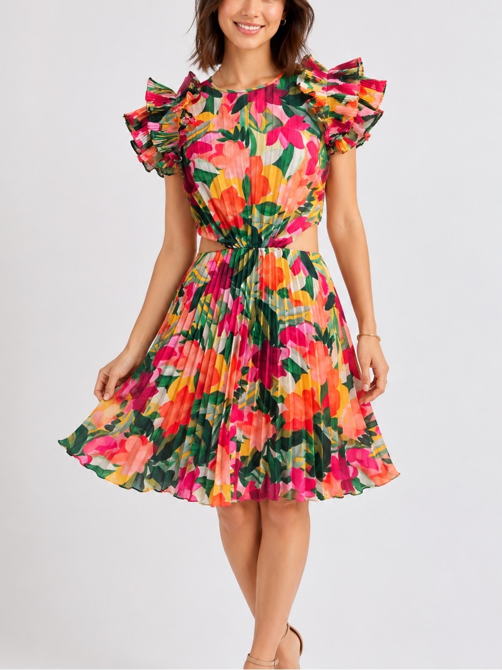 SAYLOR Floral Pink Orange Ruffle Sleeve  Designer Statement Mini Dress XS